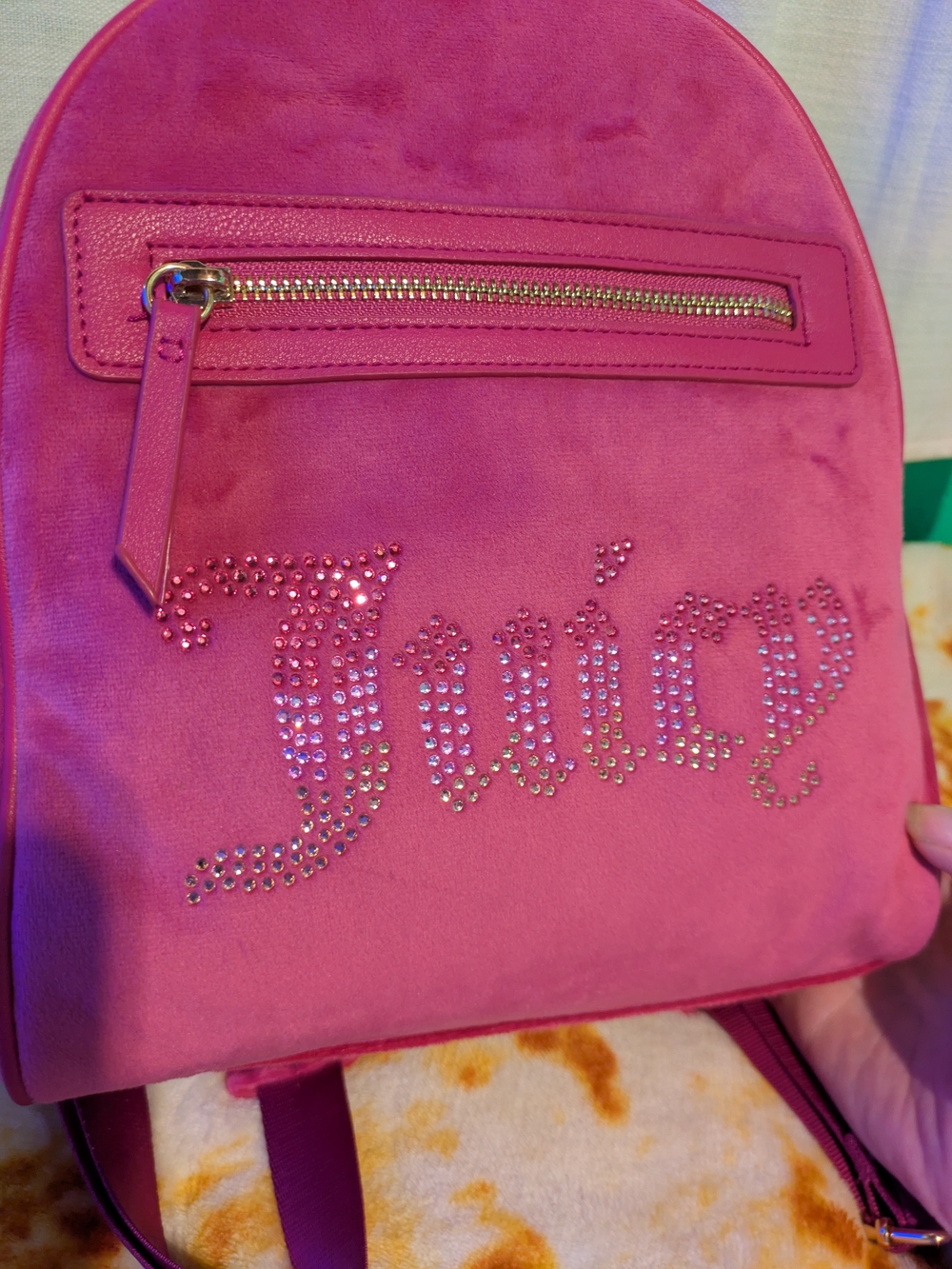 Juicy Couture Raspberry Tart Velvet Rhinestone Logo Small Backpack - Picture 10 of 14